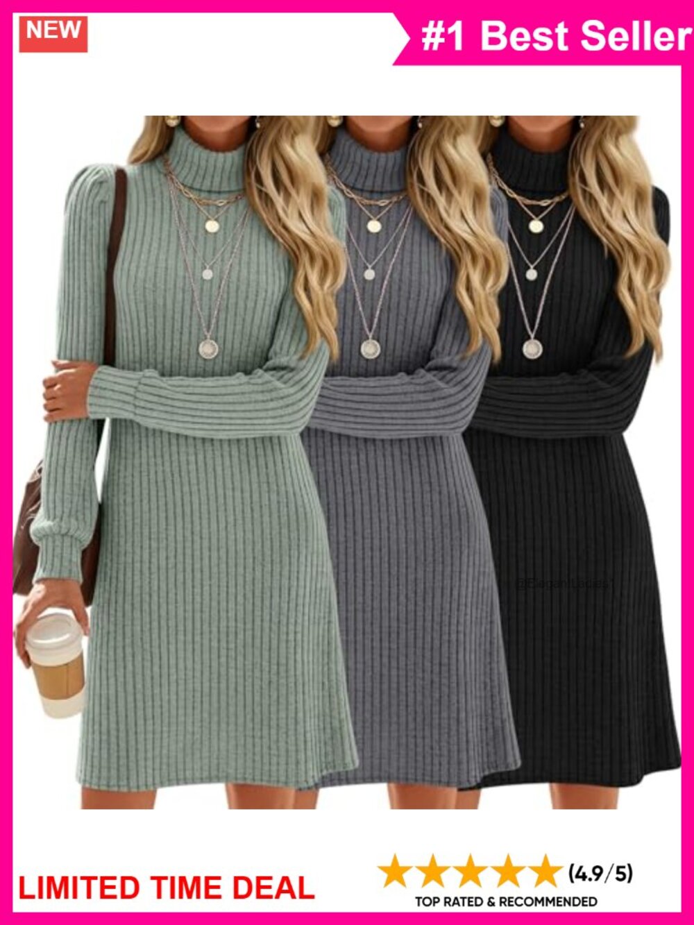 3 Pack Women's Ribbed Turtleneck Sweater Dress Mini Bodycon
